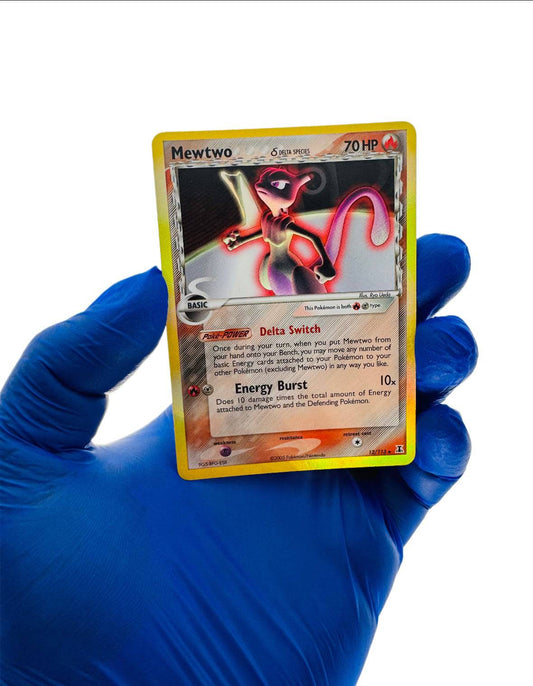 Mewtwo Delta Species holographic Pokémon card from BlueGloveTCG, featuring detailed artwork of the Psychic-type Mewtwo.