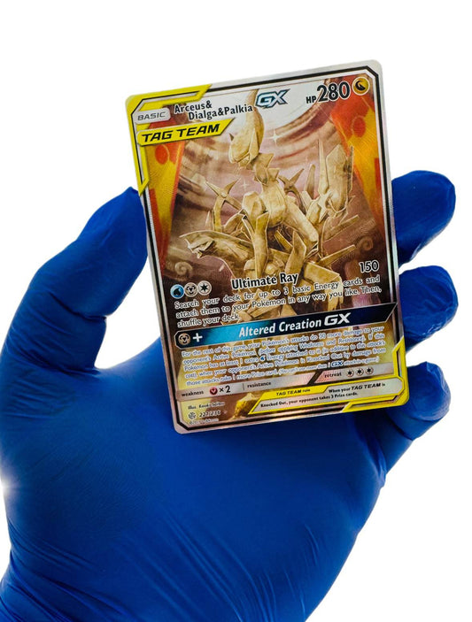 BlueGloveTCG Arceus & Dialga & Palkia GX Tag Team Pokémon trading card featuring vibrant artwork and detailed character images.