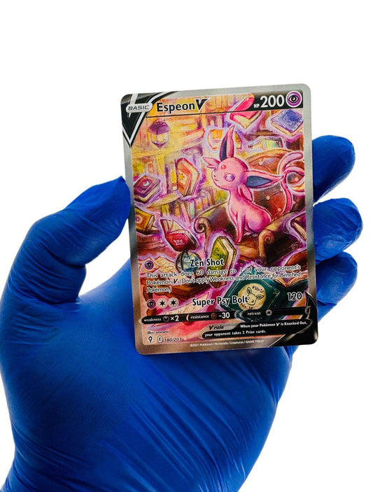 Espeon V Alt Art Pokémon card from BlueGloveTCG featuring vibrant artwork and detailed illustration of Psychic-type Espeon.