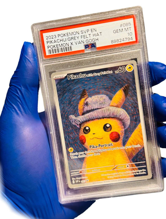 Yellow Pikachu Pokémon card featuring Van Gogh artwork, graded PSA 10, from BlueGloveTCG, with vibrant colors and detailed design.