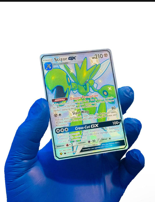 Shiny Scizor GX Pokémon card from BlueGloveTCG, full art single card featuring detailed illustration of the Pokémon.