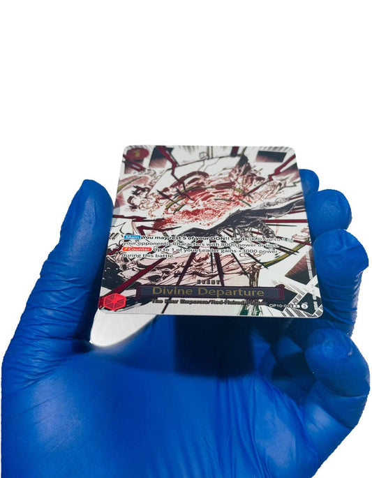 BlueGloveTCG Divine Departure OP10-019 single card featuring detailed artwork on a playing card with vibrant colors.