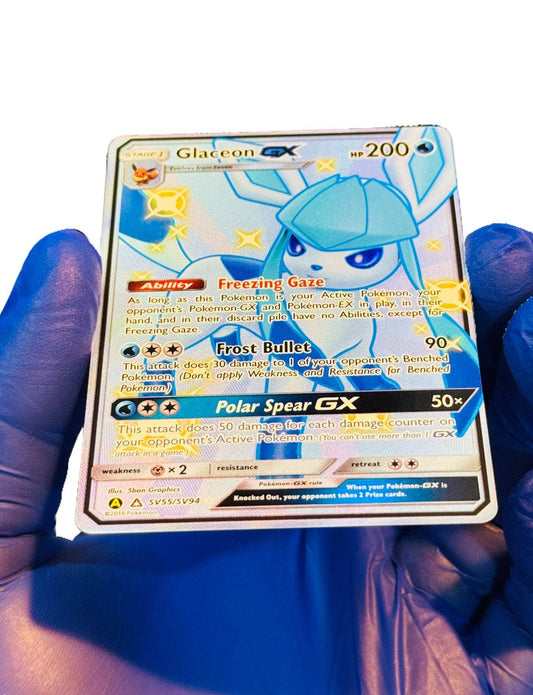 Shiny Glaceon GX Pokémon card from BlueGloveTCG featuring vibrant artwork, full card image, and holographic details.