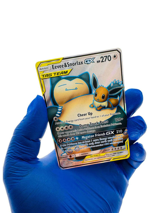Eevee & Snorlax GX Tag Team full art Pokémon card featuring vibrant illustrations from BlueGloveTCG.