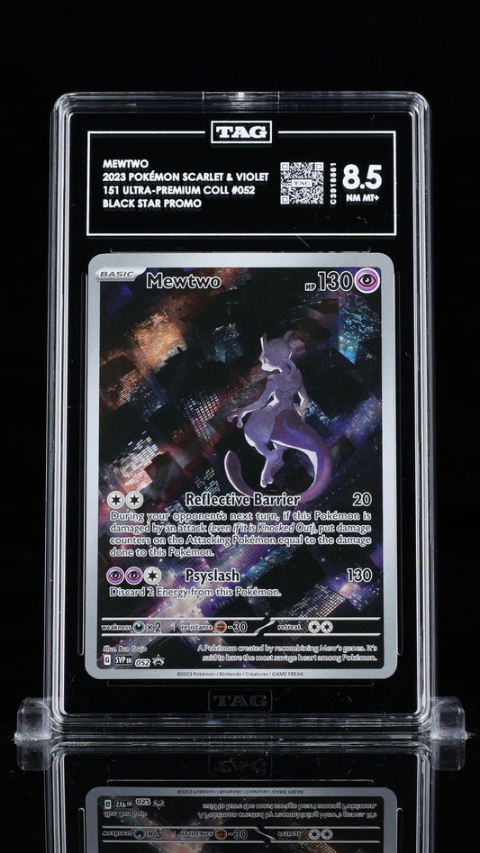 Mewtwo 151 Pokémon card, BlueGloveTCG UPC Promo TAG 8.5 NM+ condition, featuring Mewtwo in vibrant artwork.