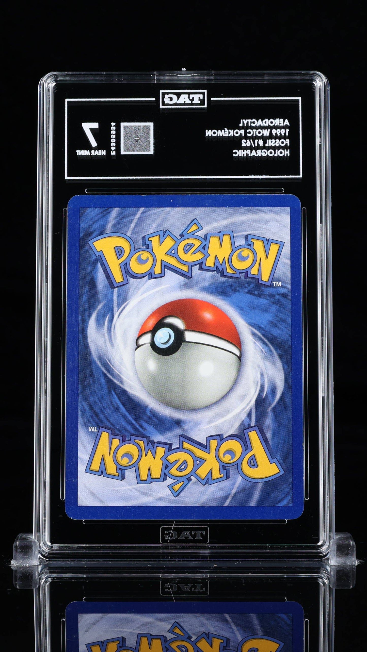 BlueGloveTCG Aerodactyl Fossil 1/62 TAG 7 NM Pokémon card, showing detailed artwork and label on a black background.