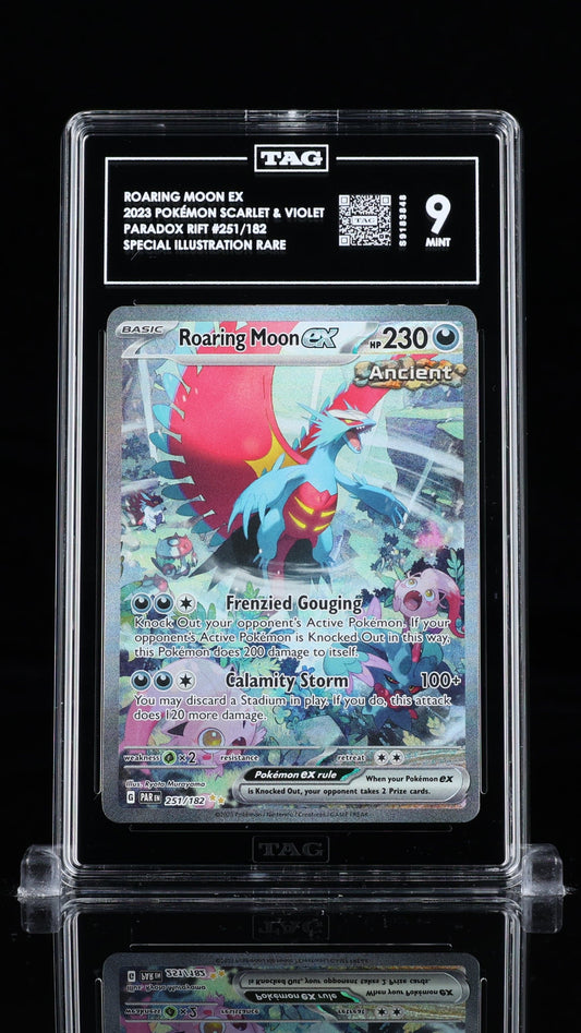 BlueGloveTCG Roaring Moon Ex Special Illustration TAG 9 Pokémon trading card, featuring vibrant artwork and detailed design.