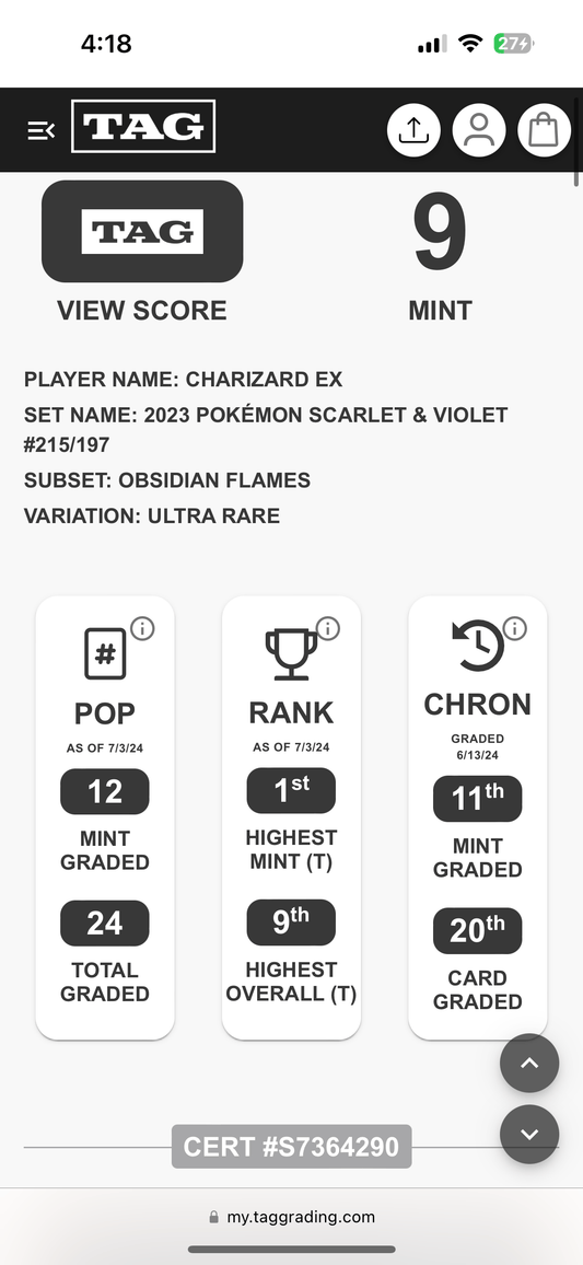 Charizard EX TAG 9 Pokémon TCG single card from BlueGloveTCG, featuring Charizard in dynamic battle pose on a vibrant background.