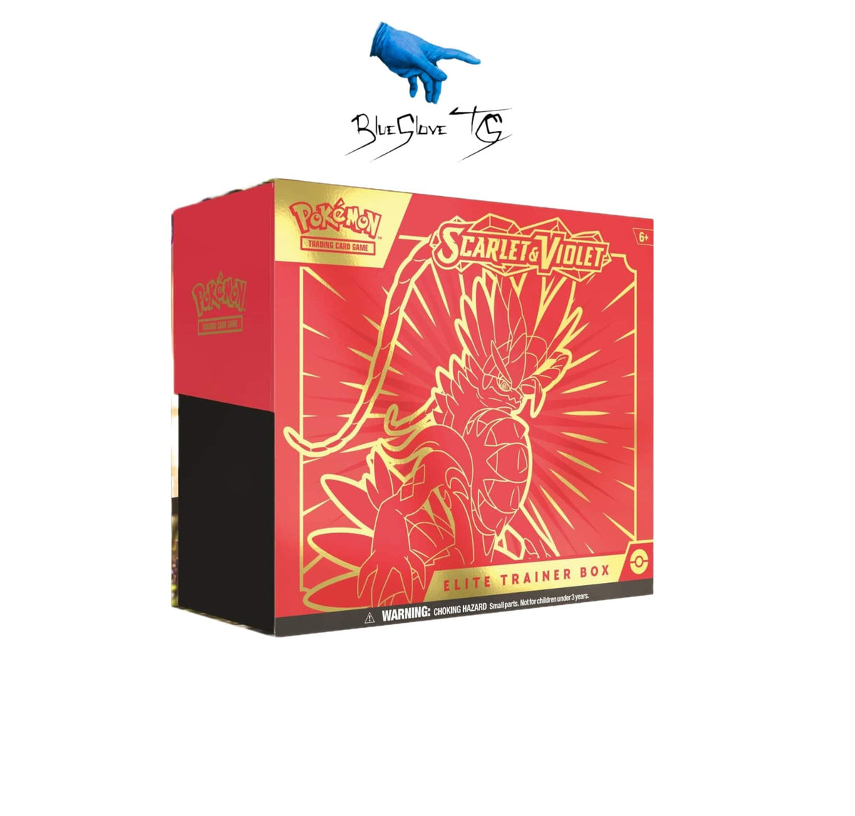 BlueGloveTCG Pokemon Scarlet & Violet Elite Trainer Box with game accessories and booster packs, shown in a clean, organized display.