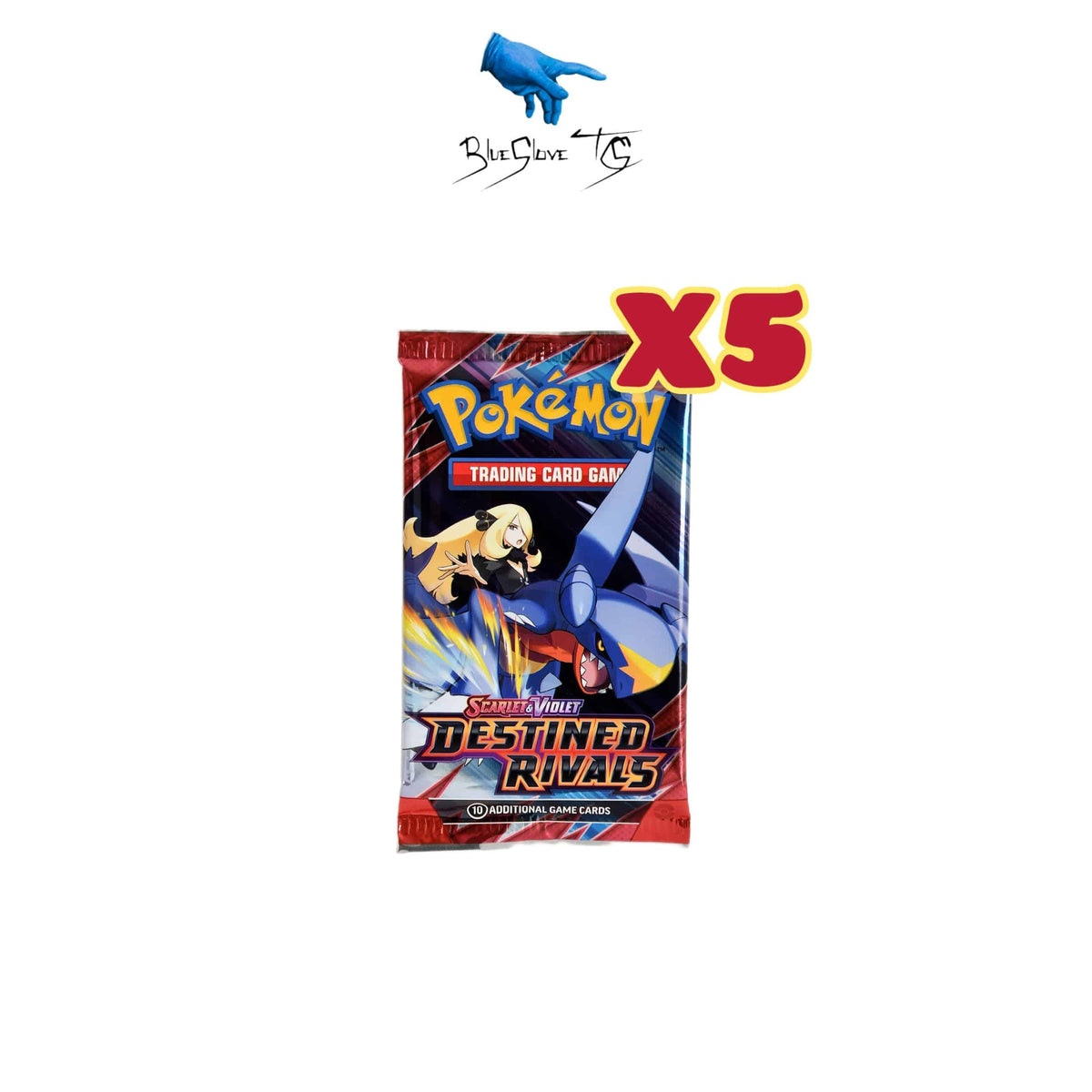 BlueGloveTCG Destined Rivals 5 Pack Bundle sealed booster packs, featuring colorful card artwork and packaging.
