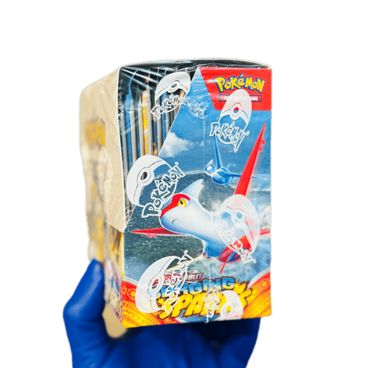 Sealed BlueGloveTCG Pokemon Surging Sparks Booster Box SV8 with colorful packaging and Pokemon artwork for trading card game.