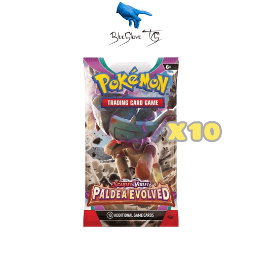BlueGloveTCG Paldea Evolve Booster Pack showing colorful Pokémon cards inside on a white background.