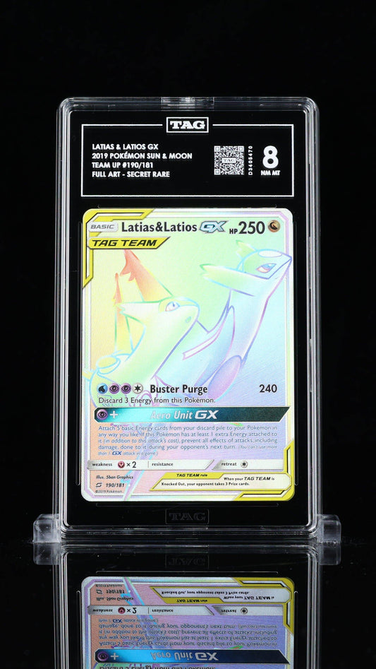 Graded Latias & Latios GX TAG 8 Pokémon trading card by BlueGloveTCG, featuring colorful artwork of the Legendary Pokémon.