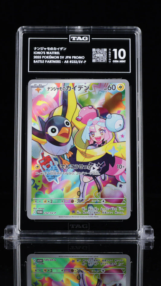 BlueGloveTCG Iono’s Wattrel TAG 10 single graded card, detailed close-up showing card design and grading label.