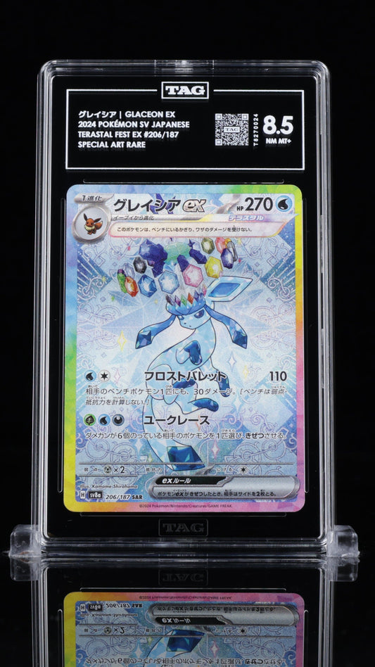 BlueGloveTCG Glaceon SAR 206/187 TAG 8.5 single graded Pokémon card displayed on white background.