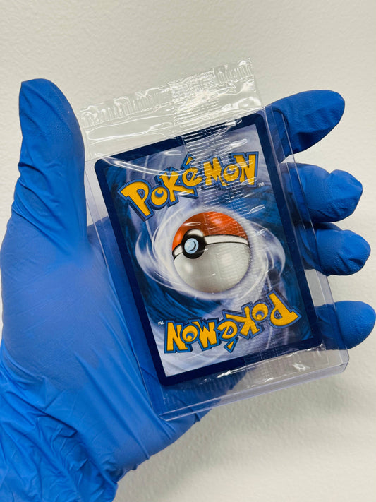 Sealed BlueGloveTCG Lucario V Star promo single card in protective sleeve, featuring artwork of the Pokémon Lucario.