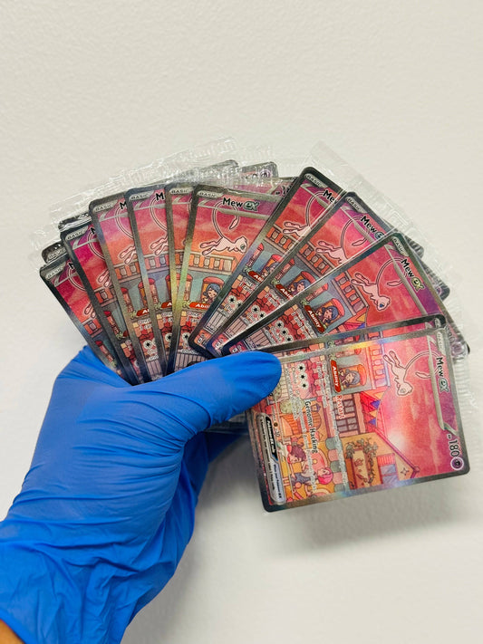 Sealed Mew EX Pokémon trading card from BlueGloveTCG, single card with UPC promo, in protective packaging.