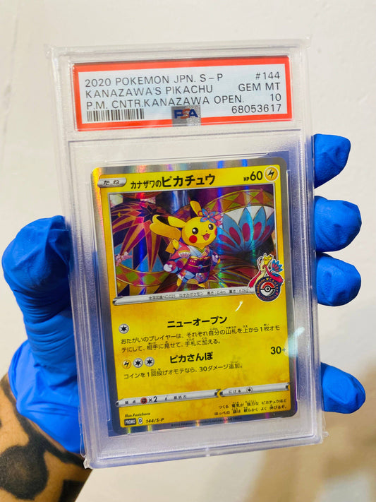 Pokemon Kanazawa's Pikachu PSA 10 collectible card, featuring vibrant artwork and a high-grade PSA certification.