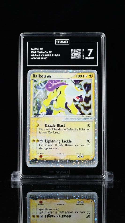 BlueGloveTCG Raikou Ex TAG 7 single graded Pokémon card in a clear slab, front view showing Raikou Ex artwork and grading label.