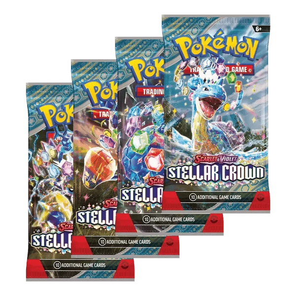 Sealed Pokemon Stellar Crown booster box by BlueGloveTCG with booster packs featuring colorful card artwork.