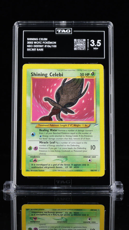 Shining Celebi 106/105 TAG 3.5 single graded Pokémon card by BlueGloveTCG, featuring vibrant artwork of Celebi.