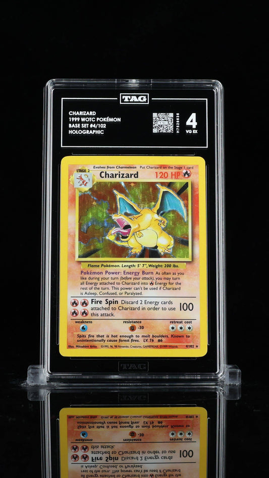 Graded Charizard 4/102 Base Set card by BlueGloveTCG, featuring detailed artwork of the iconic Fire/Flying Pokémon.