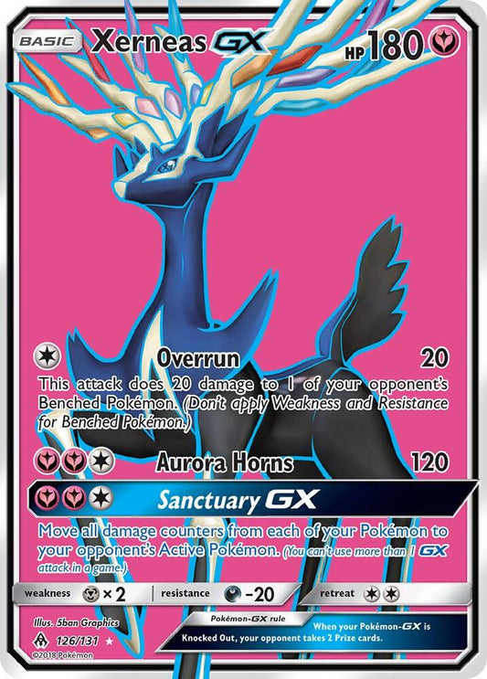 Full art Xerneas GX Pokémon TCG card from Forbidden Light set, featuring vibrant illustration and holographic details.