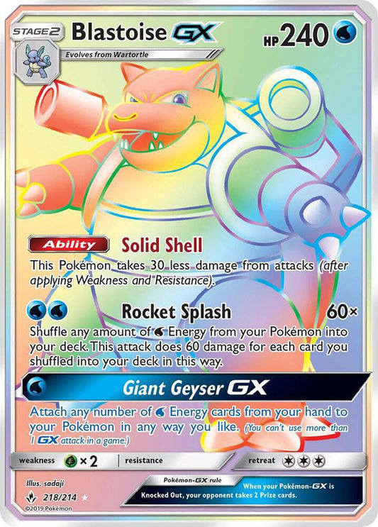 Pokémon TCG Blastoise GX Secret Rare card from Unbroken Bonds set, featuring artwork of Blastoise in vibrant colors.