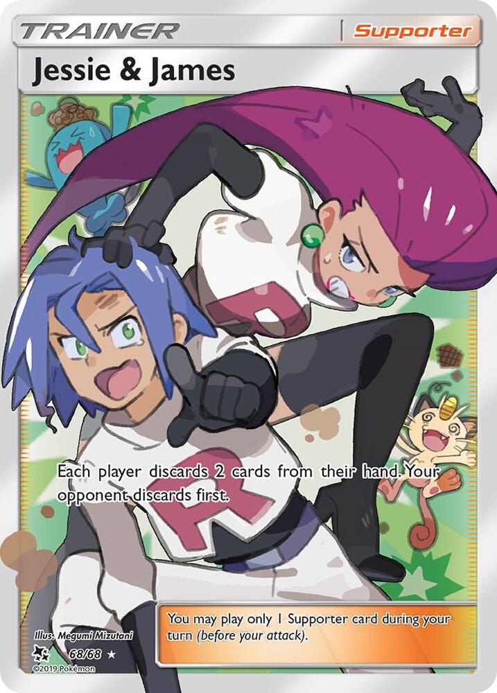 Pokémon TCG Jessie & James Full Art card from Hidden Fates set, featuring Jessie and James artwork, by The Pokémon Company.