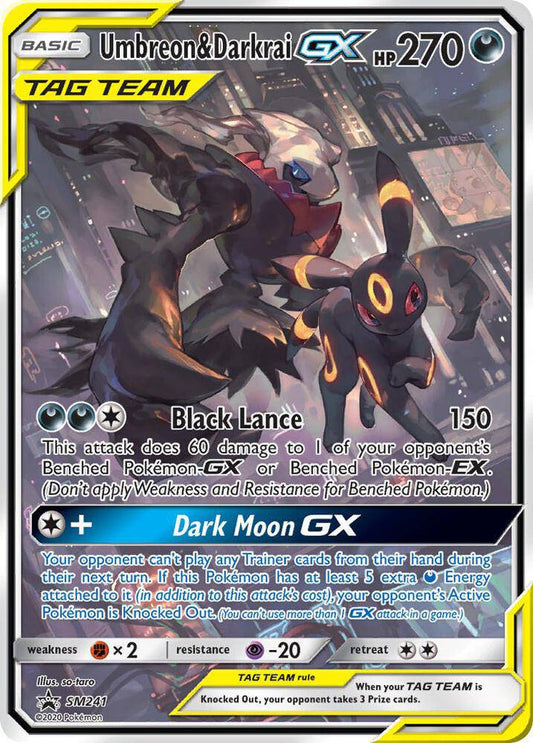 Pokémon TCG Umbreon & Darkrai GX SM241 promo card featuring artwork of Umbreon and Darkrai with vibrant Pokémon branding.