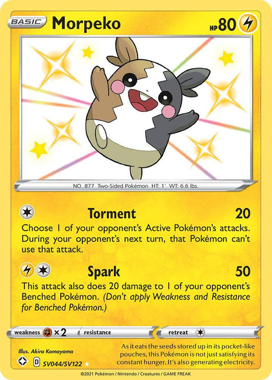 Shiny Morpeko Pokémon TCG card from Shining Fates: Shiny Vault, featuring vibrant artwork and holographic details.