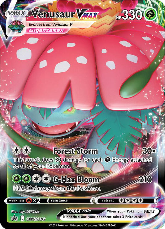 Venusaur VMAX Pokémon TCG card from Sword & Shield Promo series featuring vibrant artwork and detailed illustration.