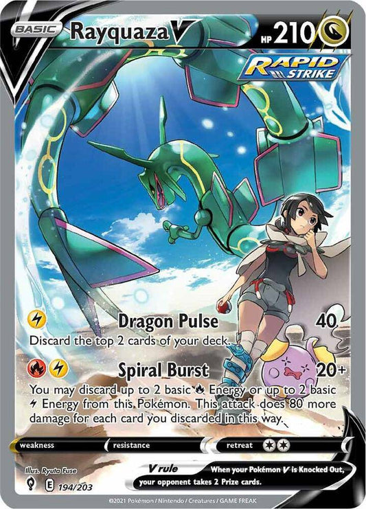 Rayquaza V Pokémon card from Evolving Skies, featuring vibrant artwork and full art design in the Pokémon TCG.