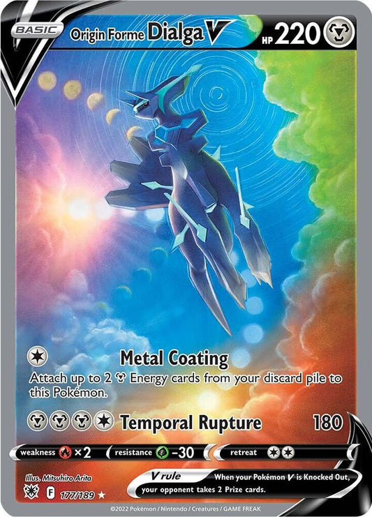 Pokémon TCG Origin Forme Dialga V Alternate Full Art card from Astral Radiance set, featuring Dialga with vibrant artwork.