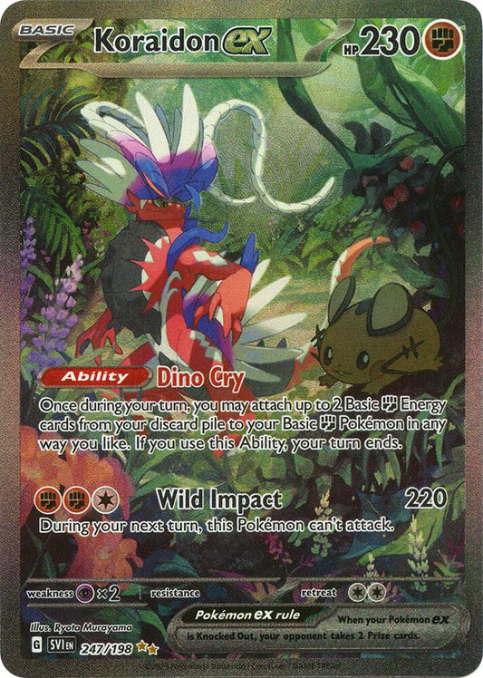 Koraidon ex Pokémon TCG card from Scarlet & Violet Base Set, featuring vibrant artwork and detailed character illustration.