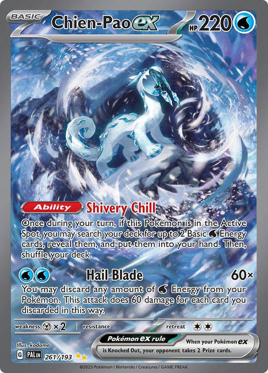 Pokémon TCG Chien-Pao ex card from Paldea Evolved set, featuring artwork of a fierce wolf-like Pokémon with blue and purple hues.