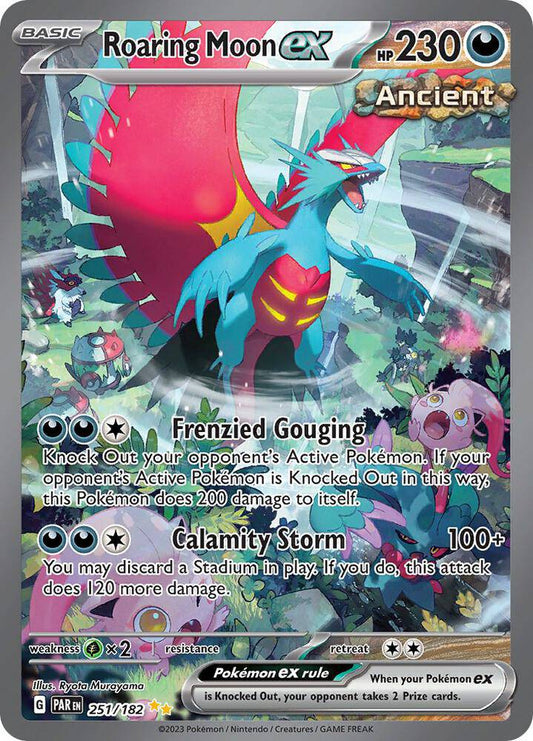 Pokémon TCG Roaring Moon ex card from Paradox Rift set, featuring detailed artwork of a powerful dragon Pokémon.