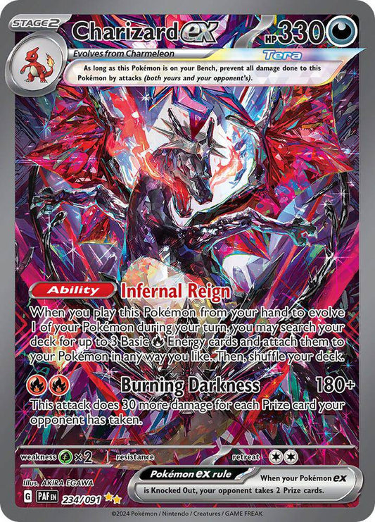 Charizard ex Pokémon TCG card from Paldean Fates set, illustrated with fiery dragon design and card number 234/091.