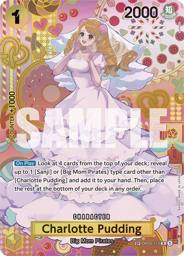 Bandai One Piece Card Game Charlotte Pudding (SP) card from Two Legends set, featuring detailed illustration of character.