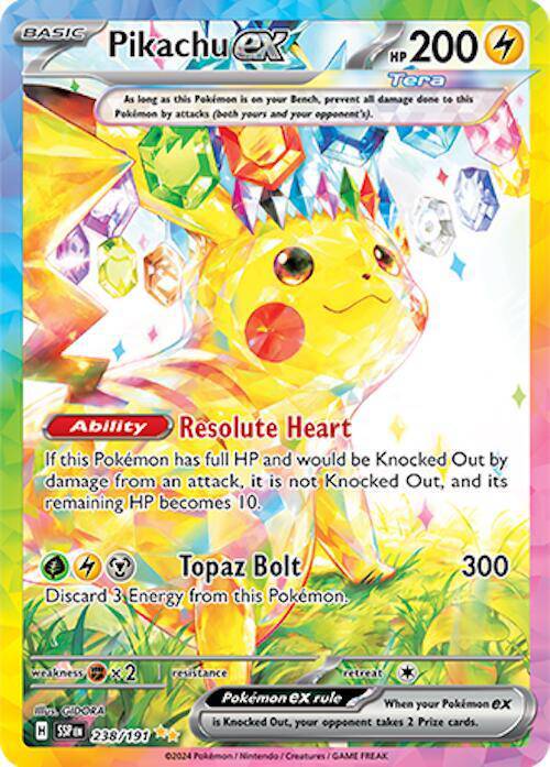Pokémon TCG Pikachu ex card, 238/191 Surging Sparks, featuring Pikachu with electric sparks in vibrant artwork.