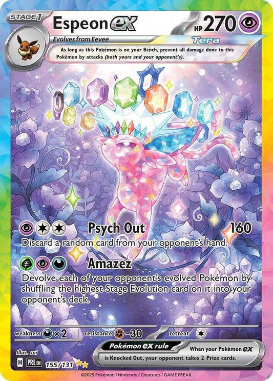 Espeon ex Pokémon TCG card from Prismatic Evolutions set featuring a vibrant illustration of the Psychic-type Pokémon.