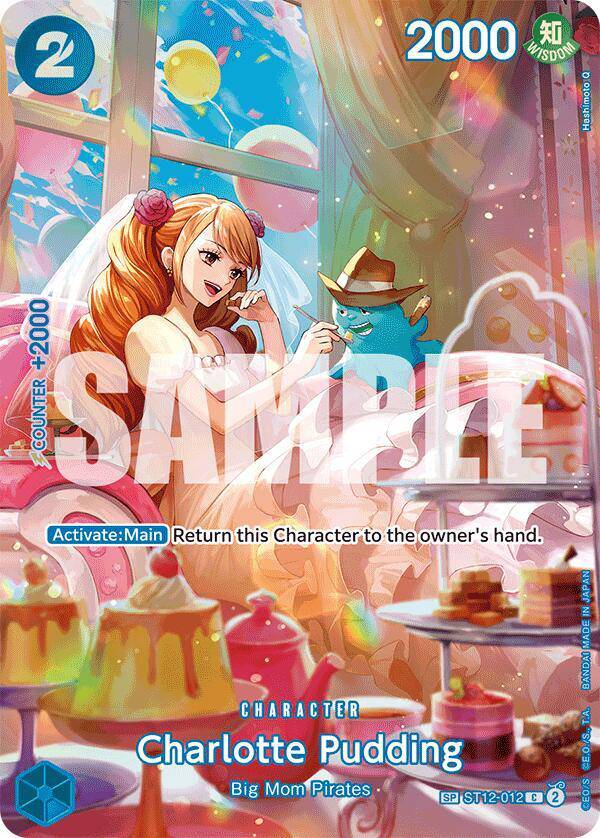 Bandai Charlotte Pudding (SP) One Piece card from Royal Blood series, featuring detailed artwork on a collectible game card.