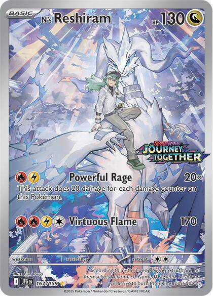 N's Reshiram Pokémon TCG card from Journey Together stamped set, featuring detailed illustration and holographic finish.