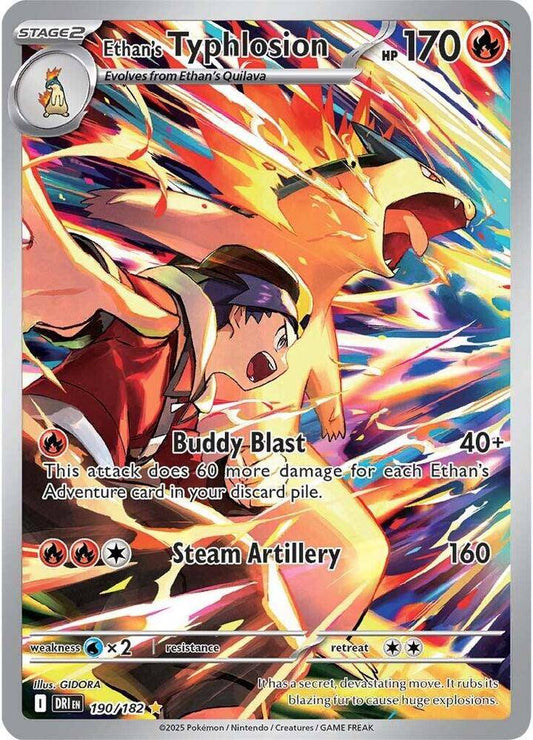 Ethan's Typhlosion Pokémon TCG card from the Destined Rivals set, featuring Typhlosion in dynamic battle pose.