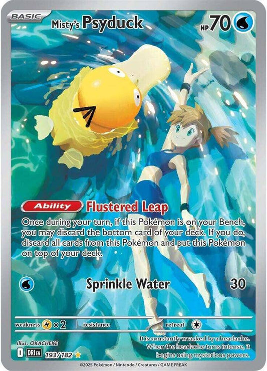 Pokemon TCG Misty's Psyduck card from the Destined Rivals set, featuring Psyduck in a dynamic Pokémon illustration.