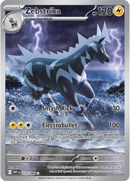 Pokémon TCG Zebstrika 115/086 White Flare card from The Pokémon Company, featuring Zebstrika in vibrant white and black design.