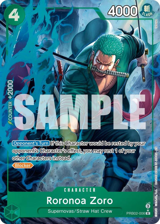 One Piece Card Game Bandai Roronoa Zoro Alternate Art PRB02-006 from Premium Booster The Best Vol. 2, featuring Zoro in action.