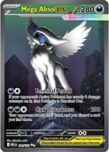 Mega Absol ex Pokémon TCG card featuring Mega Evolution with a dark-themed design and vibrant artwork.