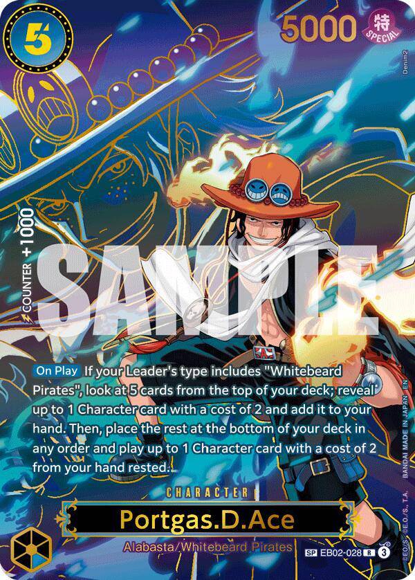 Bandai One Piece Card Game featuring Portgas D. Ace carrying on his will, illustrated card with vibrant colors and detailed character art.
