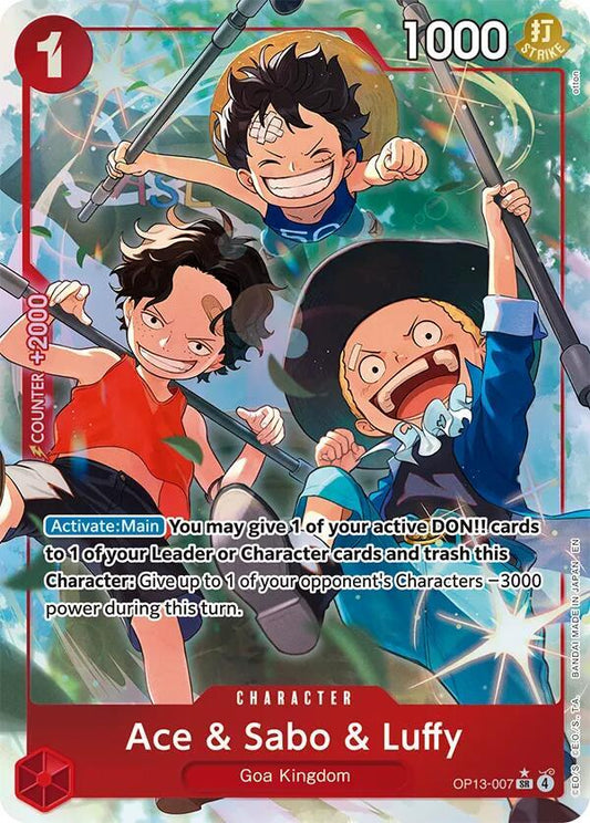 One Piece Card Game Ace, Sabo, and Luffy alternate art card titled Carrying On His Will, produced by Bandai.